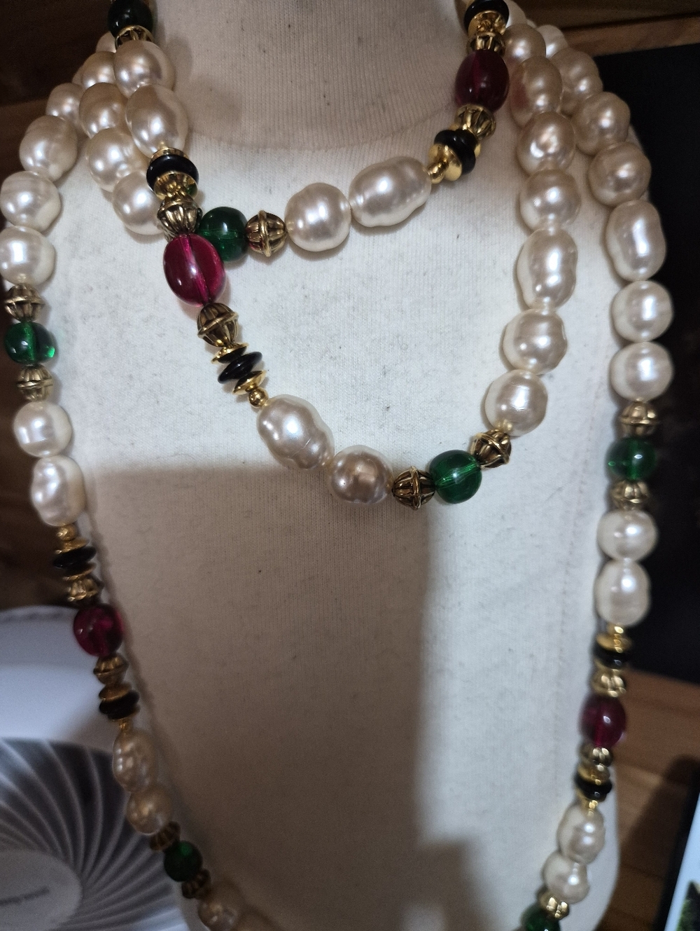 Vintage KJL For Avon 1989 Pearl Beaded Necklace with and Green, Red Beads